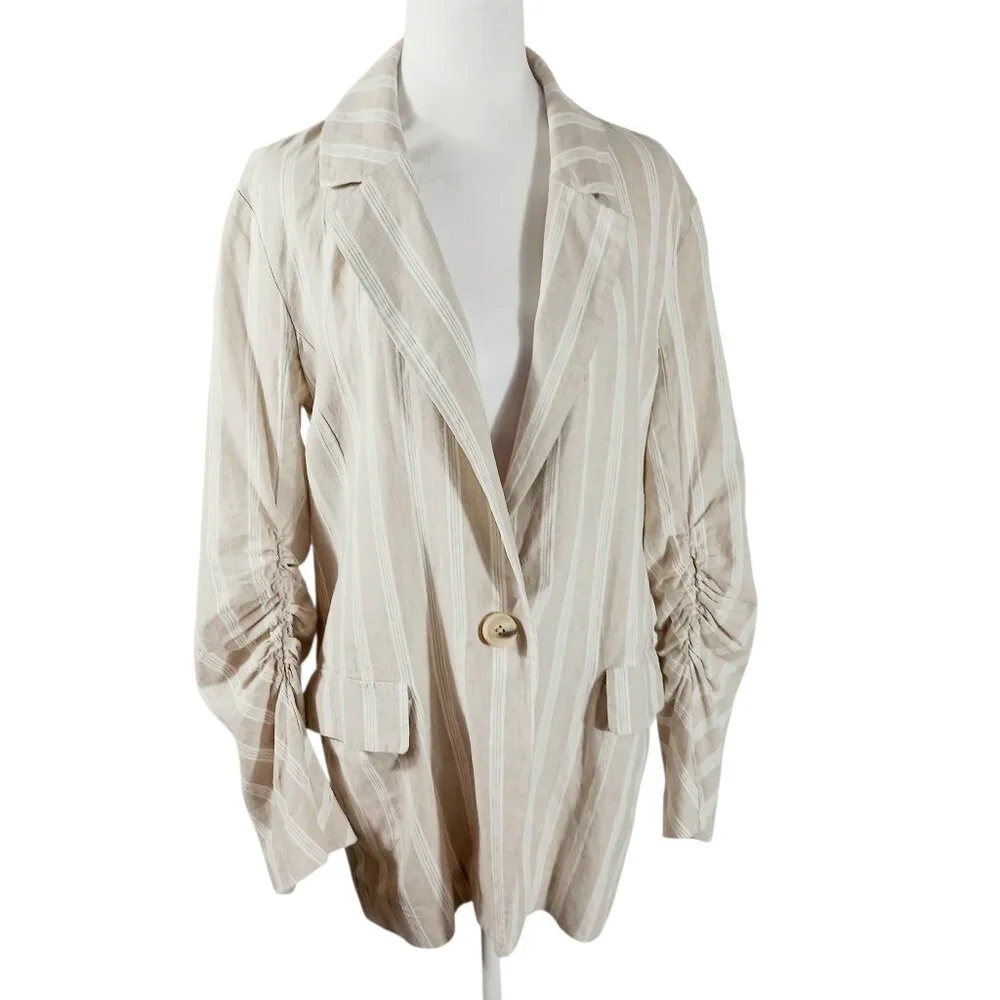 Free People "Fern" Oversized Striped Linen Blend Blazer, Ruched Sleeves SZ Small - Picture 1 of 16